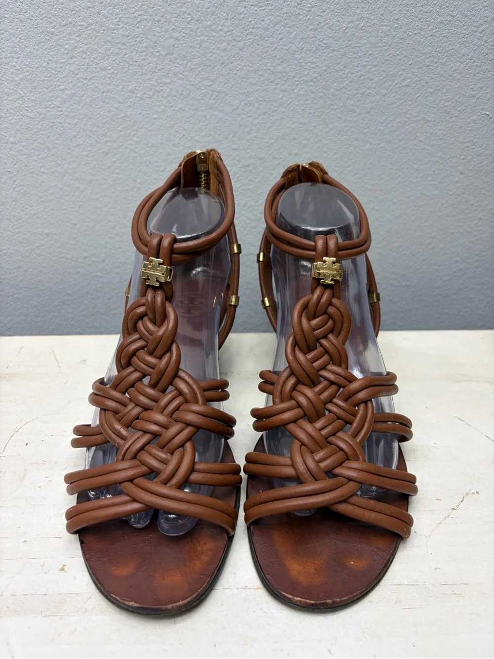 Tory Burch Brown Leather Constance Braided Wedge Sandals Size 8.5